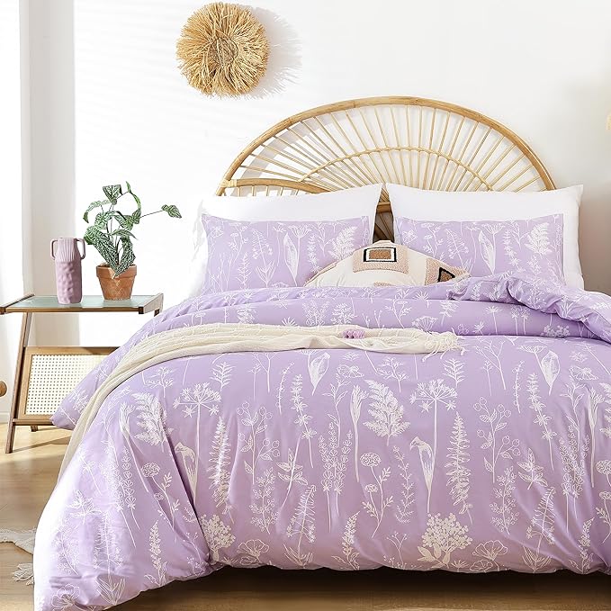JANZAA Queen Comforter Set Floral Comforter Sets Queen Size Bedding Set Purple Comforter for All Season with 2 Pillow Shams Cute and Comfortable - LeafyLoom