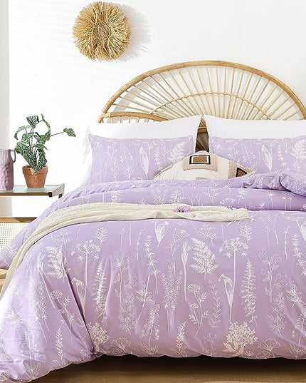 JANZAA King Size Comforter Set Floral Comforter Sets King Size Bedding Set Purple Comforter for All Season with 2 Pillow Shams Cute and Comfortable - LeafyLoom