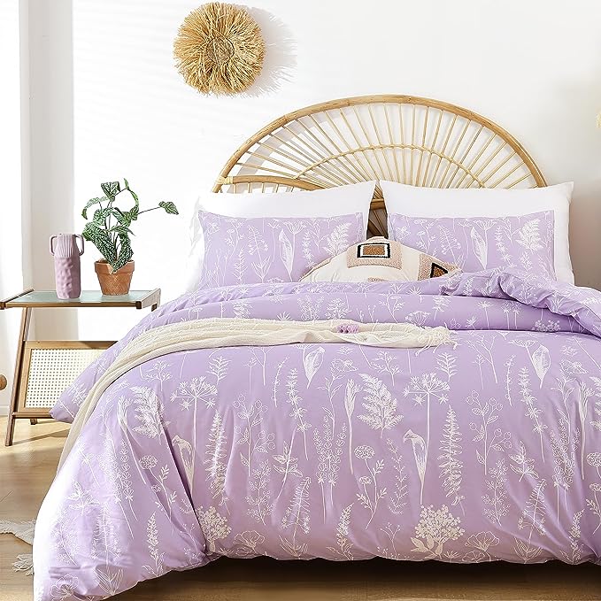 JANZAA King Size Comforter Set Floral Comforter Sets King Size Bedding Set Purple Comforter for All Season with 2 Pillow Shams Cute and Comfortable - LeafyLoom