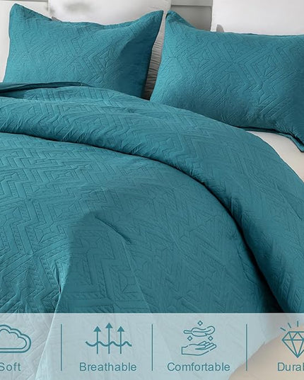 WONGS BEDDING Teal Comforter Set King Size(104“×90”), Boho Geometric Textured Bedding Comforter Sets - 3 Pieces Reversible Soft Microfiber Ultrasonic Bedding with 2 PillowCases - LeafyLoom