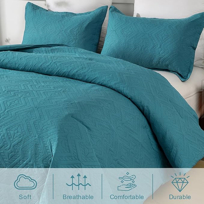 WONGS BEDDING Teal Comforter Set King Size(104“×90”), Boho Geometric Textured Bedding Comforter Sets - 3 Pieces Reversible Soft Microfiber Ultrasonic Bedding with 2 PillowCases - LeafyLoom