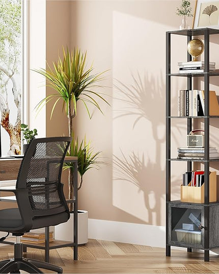 TUTOTAK 6 Tier Bookcase and Bookshelf, Narrow Book shelf with Door for Small Space, for Living Room, Office, Study, Entryway, Charcoal Grey BS03BY006 - LeafyLoom