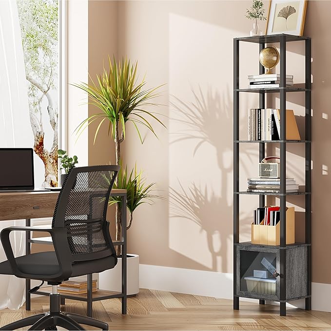 TUTOTAK 6 Tier Bookcase and Bookshelf, Narrow Book shelf with Door for Small Space, for Living Room, Office, Study, Entryway, Charcoal Grey BS03BY006 - LeafyLoom