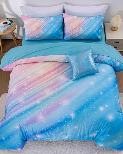 Btargot Super Soft 6 Pieces Gradient Star Ring Comforter Set, Colorful Glitter Rainbow Star Pattern Bedding Set for Boys Girls Teens, Queen Light Blue - LeafyLoom