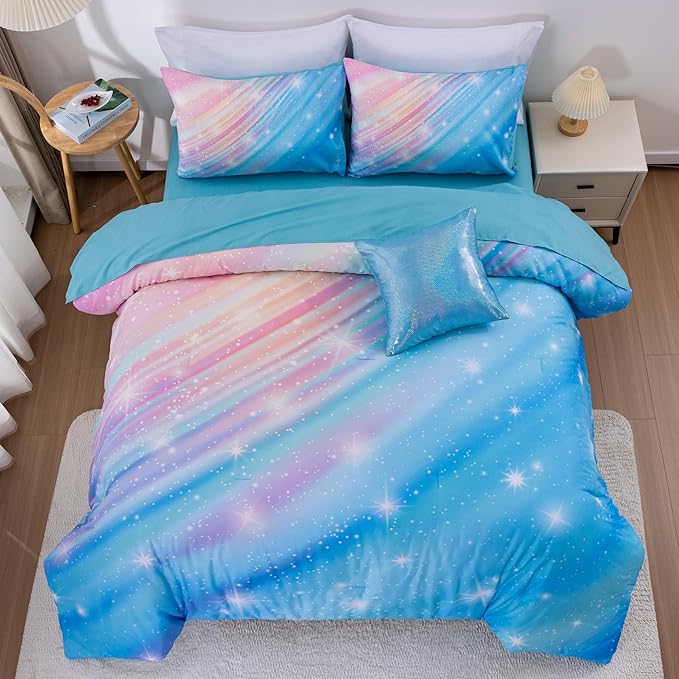 Btargot Super Soft 6 Pieces Gradient Star Ring Comforter Set, Colorful Glitter Rainbow Star Pattern Bedding Set for Boys Girls Teens, Twin Light Blue - LeafyLoom