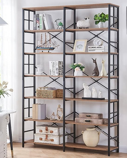 HOMISSUE Tall Bookshelf, 84" Bookshelves and Bookcases Double Wide 7-Tier Bookshelf, Tall Bookcase Wood Style and Metal Open Display Shelves for Living Room Home Office, Rustic Brown - LeafyLoom