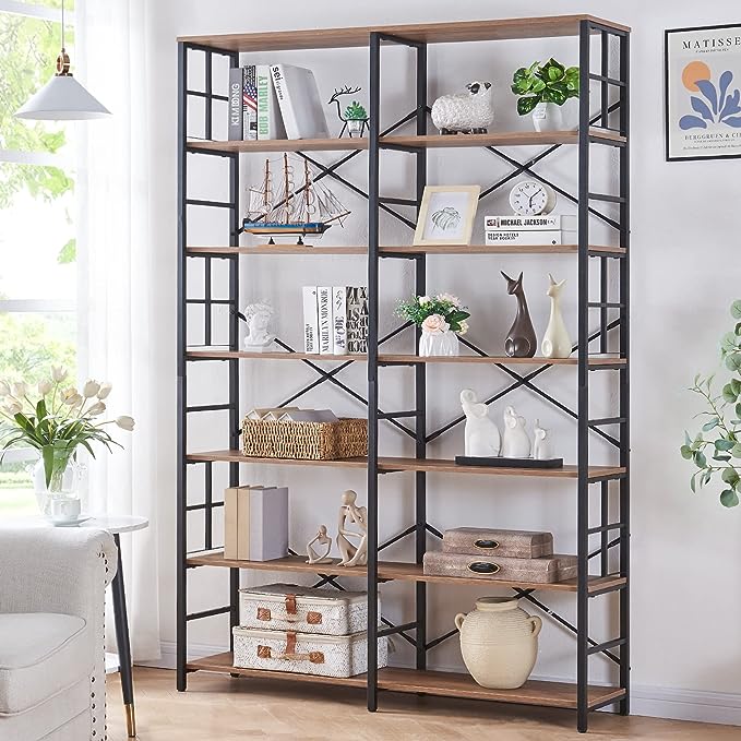 HOMISSUE Tall Bookshelf, 84" Bookshelves and Bookcases Double Wide 7-Tier Bookshelf, Tall Bookcase Wood Style and Metal Open Display Shelves for Living Room Home Office, Rustic Brown - LeafyLoom