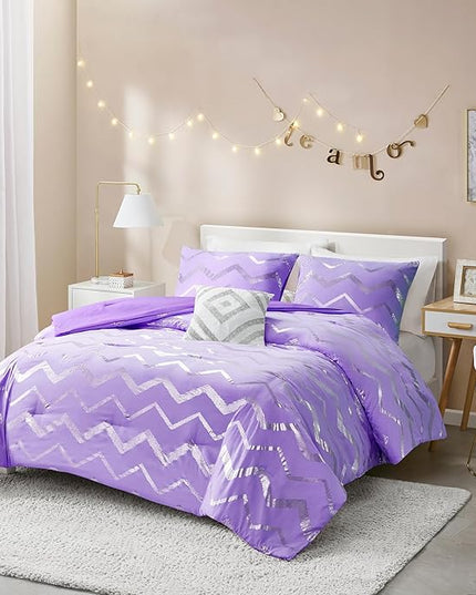 Codi Purple Comforter Set Full - Metallic Silver and Lavender Bedding Sets Queen Size - 4 Piece Set for Girls, includes 1 Comforter, 1 Decorative Pillow, 2 Pillow Cases - All Season Warm - LeafyLoom