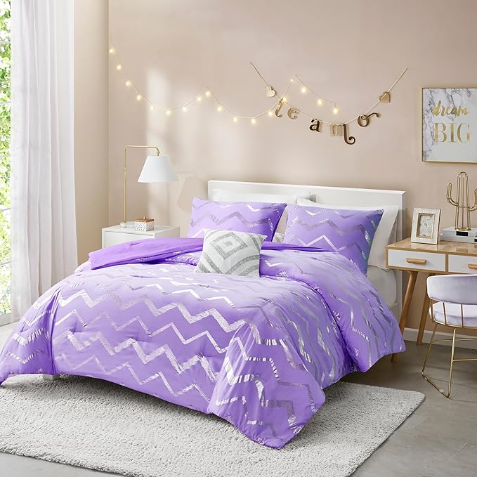 Codi Purple Comforter Set Full - Metallic Silver and Lavender Bedding Sets Queen Size - 4 Piece Set for Girls, includes 1 Comforter, 1 Decorative Pillow, 2 Pillow Cases - All Season Warm - LeafyLoom