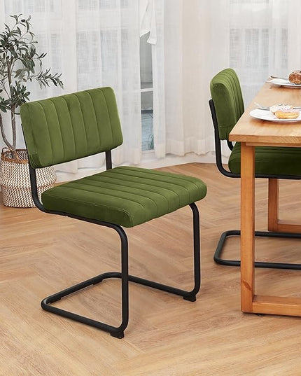 ONEVOG Green Velvet Dining Chairs Set of 2, Upholstered kitchen Dining Room Chair, Comfy Green Chair with Black Metal Legs, Cantilevered Design Chair for Bedroom, Living Room - LeafyLoom
