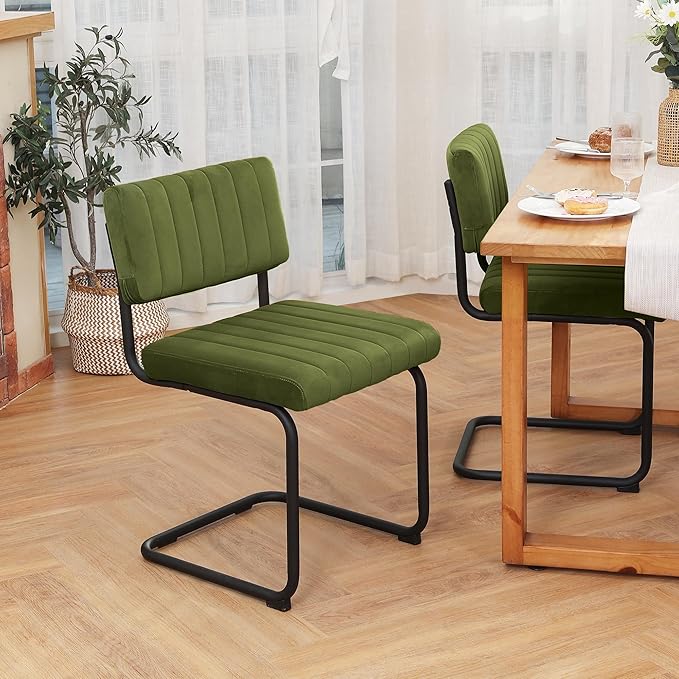 ONEVOG Green Velvet Dining Chairs Set of 2, Upholstered kitchen Dining Room Chair, Comfy Green Chair with Black Metal Legs, Cantilevered Design Chair for Bedroom, Living Room - LeafyLoom