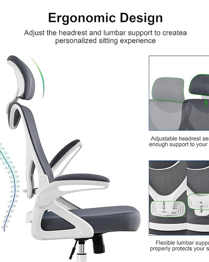 Yaheetech Ergonomic Mesh Office Chair, High Back Desk Chair with with flip-up Armrests, Adjustable Padded Headrest Computer Chair with Lumbar Support for Home Oiffce Game Room, White/Gray - LeafyLoom