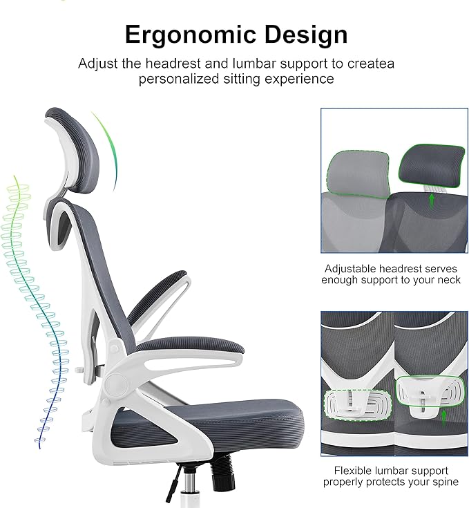 Yaheetech Ergonomic Mesh Office Chair, High Back Desk Chair with with flip-up Armrests, Adjustable Padded Headrest Computer Chair with Lumbar Support for Home Oiffce Game Room, White/Gray - LeafyLoom