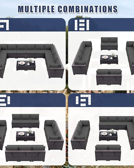 Patio Furniture Set 14-Pieces Outdoor Furniture for Backyard Wicker Sectional Sofa Set, Rattan Patio Conversation Set with Thickened Cushions and Glass Coffee Table, Grey - LeafyLoom