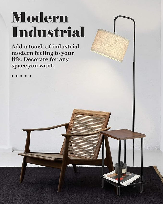 ELYONA Industrial Table Floor Lamp, Solid Wood End Table lamp with USB Type-C Charging Port & Power Outlet, Side Table Shelf Tall Pole Standing Light for Living Room,Bedroom,LED Bulb Included, Brown - LeafyLoom