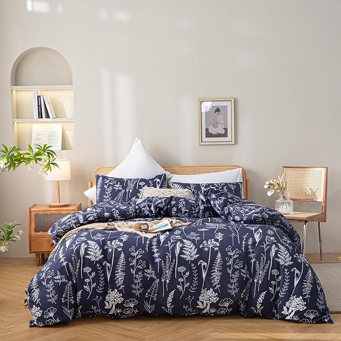 JANZAA King Size Comforter Set Navy Blue Comforter Set Floral Bedding Set Microfiber Comforter Set with 2 Pillow Cases for All Season Cozy and Comfortable 3 Pieces - LeafyLoom