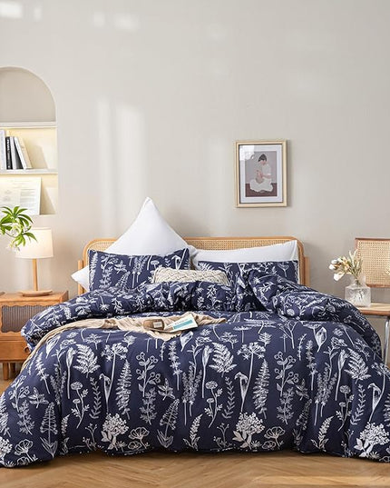 JANZAA Twin Comforter Set Navy Blue Comforter Set Floral Bedding Set Microfiber Comforter Set with Pillow Case for All Season Cozy and Comfortable 2 PCS(1 Comforter&1 Pillowcase) - LeafyLoom