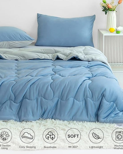 COTTEBED Reversible Light Blue and Grey Bed Comforter Twin Set, Jersey Knit T-Shirt Feel Ultra-Soft Lightweight Bedding Blanket Quilt & Pillowcase for Kid Boy Girl College Dorm All Season(Twin/TwinXL) - LeafyLoom