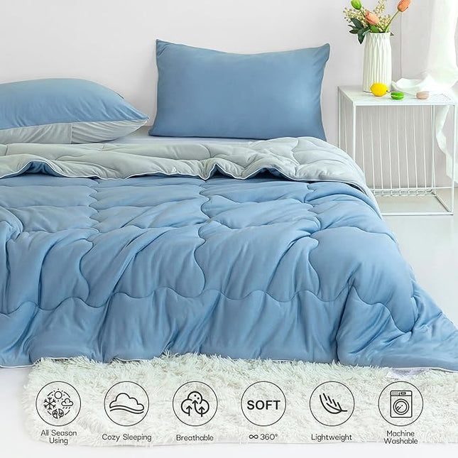 COTTEBED Reversible Blue and Light Gray Bed Comforter Queen Sets, Jersey Knit T-Shirt Feel Ultra-Soft Lightweight Breathable Cozy Bedding Down Quilt Blanket & 2 Pillowsham All Season Use (Full/Queen) - LeafyLoom