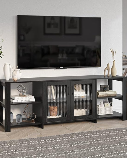 Panana TV Stand for 70 inch TV, Entertainment Center TV Console Table TV Storage Cabinets Media Console with 2 Doors and Open Shelves, 4 Cubby for Living Room Bedroom, Black - LeafyLoom