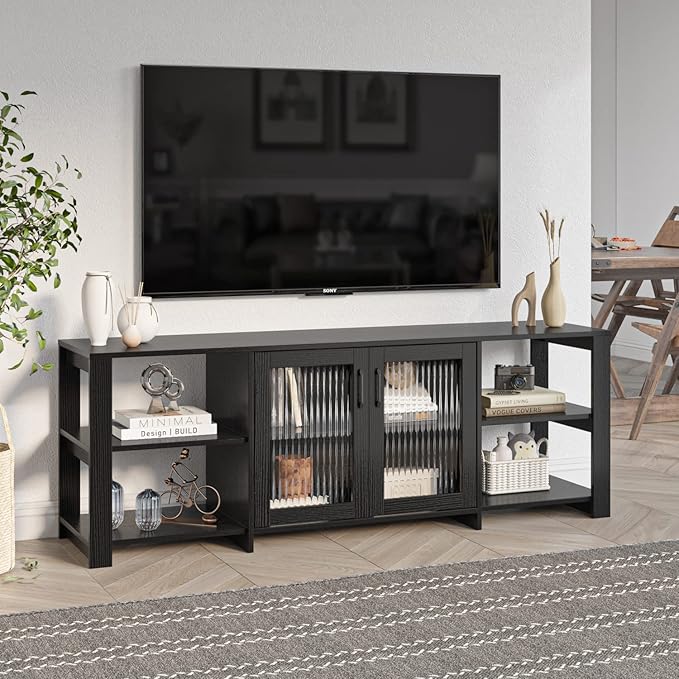 Panana TV Stand for 70 inch TV, Entertainment Center TV Console Table TV Storage Cabinets Media Console with 2 Doors and Open Shelves, 4 Cubby for Living Room Bedroom, Black - LeafyLoom