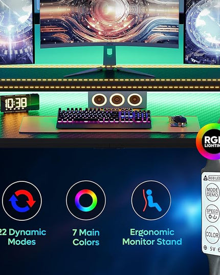 Bestier 52 inch Gaming Desk with Power Outlets and USB Charging Ports, Sturdy Computer Desk with LED Lights and Monitor Stand, Computer Table for Home Office, Easy to Assemble, Carbon Fiber Black - LeafyLoom