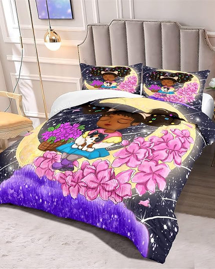 African American Girls Comforter Set Full Size for Girls Bedroom Full Size Afro Girls Bedding Sets for Girls Lovely Black Girls Comforter Set Cute Princess Bedding Set, 1 Comforter + 2 Pillowcases - LeafyLoom