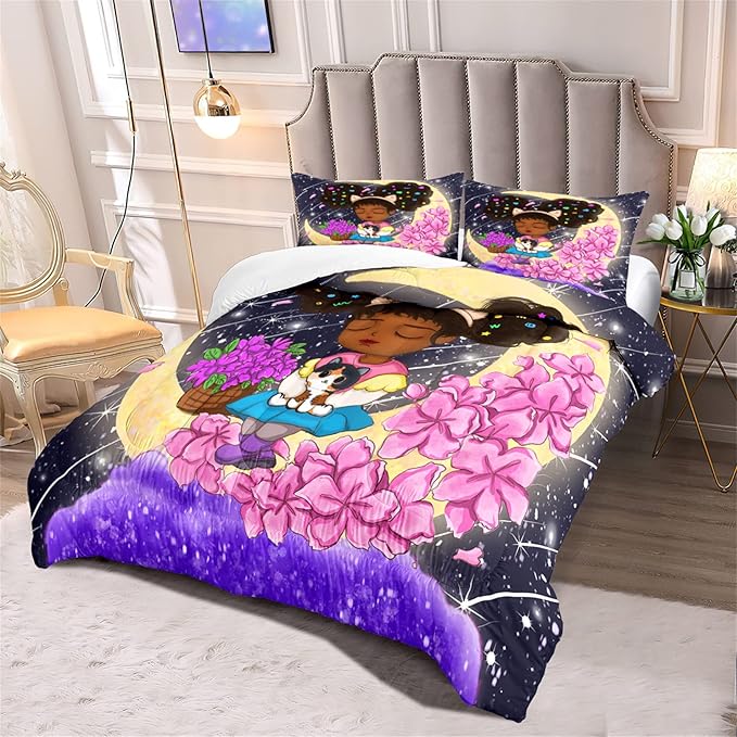 Afro African Girls Comforter Set for Girls Bedroom Teens Black Girls Bedding Sets for Girls Lovely Little African American Girls Comforter with 2 Pillowcases Cute Princess Bedding Set, Queen Size - LeafyLoom