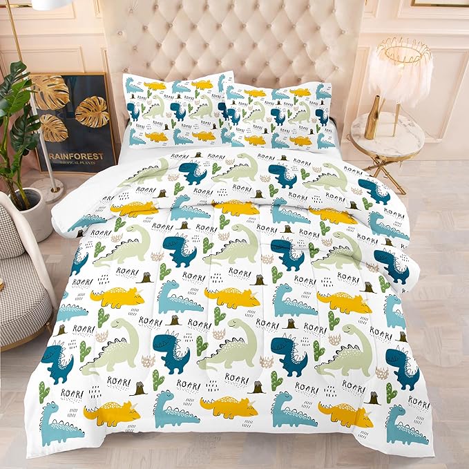 NINENINE Dinosaur Bedding Set for Kids,Queen Size Dinosaur Comforter Sets for kids boys,Blue Bedding Sets Cute Bed Set with 1 Comforter 2 Pillowcases - LeafyLoom