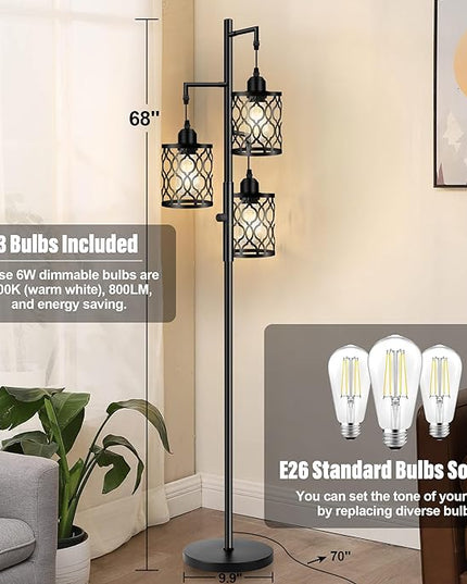 Dimmable Farmhouse Floor Lamp, Industrial Floor Lamp for Living Room with 3 X 6W LED Bulbs, 3 Light Rustic Standing Tall Lamp for Bedroom, Office, 68" - LeafyLoom