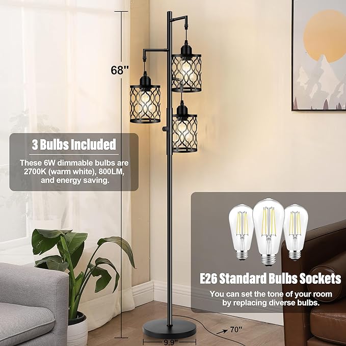 Dimmable Farmhouse Floor Lamp, Industrial Floor Lamp for Living Room with 3 X 6W LED Bulbs, 3 Light Rustic Standing Tall Lamp for Bedroom, Office, 68" - LeafyLoom
