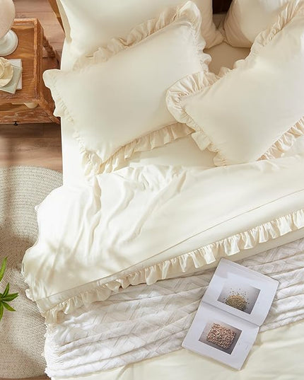 Anluoer King Comforter Set 7 Piece, Beige Bed in a Bag with Sheets, All Season Ruffle Shabby Chic Bedding Sets with 1 Comforter, 2 Pillow Shams, 2 Pillowcases, 1 Flat Sheet, 1 Fitted Sheet - LeafyLoom