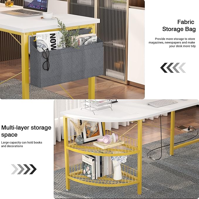 Unikito L Shaped Desk with Power Outlet, 98.4" Reversible Corner Computer Table with Storage Shelves and Bag, Modern 2 Person Large Long Desk for Home Office Writing Study Workstation, White - LeafyLoom