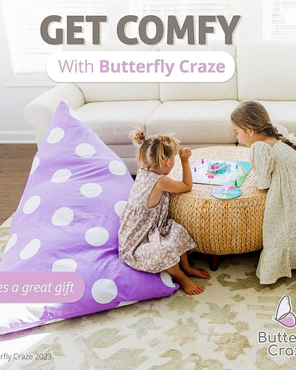 Butterfly Craze Bean Bag Chair Cover, Functional Toddler Toy Organizer, Fill with Stuffed Animals to Create a Jumbo, Comfy Floor Lounger for Boys or Girls, Stuffing Not Included, Purple Polka Dots - LeafyLoom