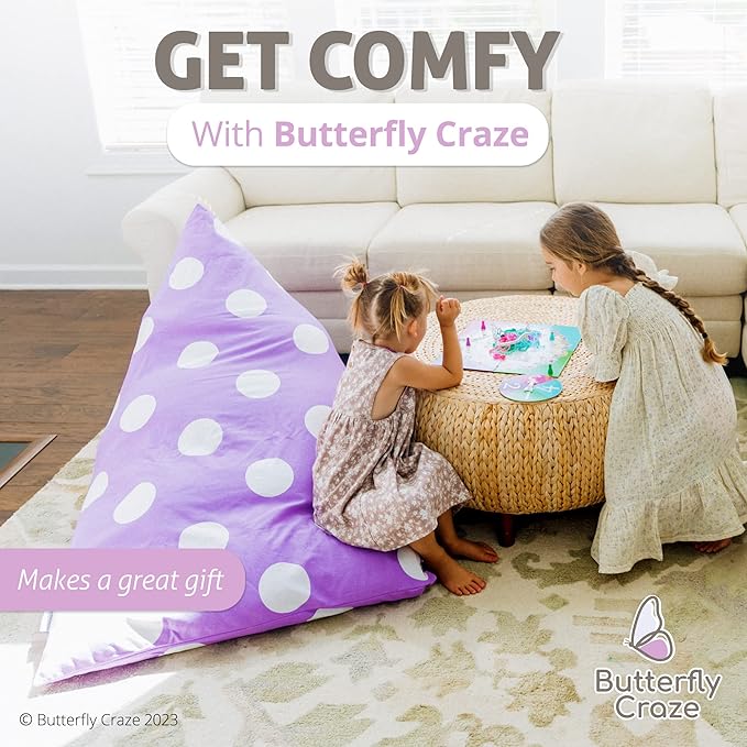 Butterfly Craze Bean Bag Chair Cover, Functional Toddler Toy Organizer, Fill with Stuffed Animals to Create a Jumbo, Comfy Floor Lounger for Boys or Girls, Stuffing Not Included, Purple Polka Dots - LeafyLoom