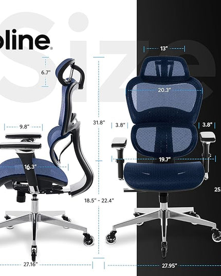 Oline ErgoPro Ergonomic Office Chair - Rolling Desk Chair with 4D Adjustable Armrest, 3D Lumbar Support and Blade Wheels - Mesh Computer Chair, Gaming Chairs, Executive Swivel Chair (Navy Blue) - LeafyLoom