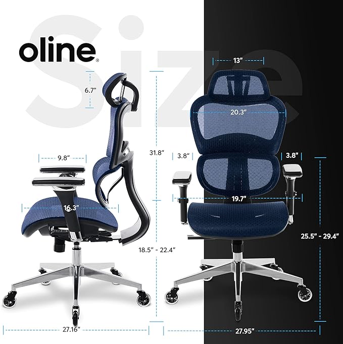 Oline ErgoPro Ergonomic Office Chair - Rolling Desk Chair with 4D Adjustable Armrest, 3D Lumbar Support and Blade Wheels - Mesh Computer Chair, Gaming Chairs, Executive Swivel Chair (Navy Blue) - LeafyLoom