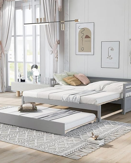 Twin or Double-Twin Daybed with Trundle,Wooden Extendable Daybed-Frame,Solid Wood Sofa Bed Designed for Bedroom/Living Room/Apartment,Hotel,Gray - LeafyLoom