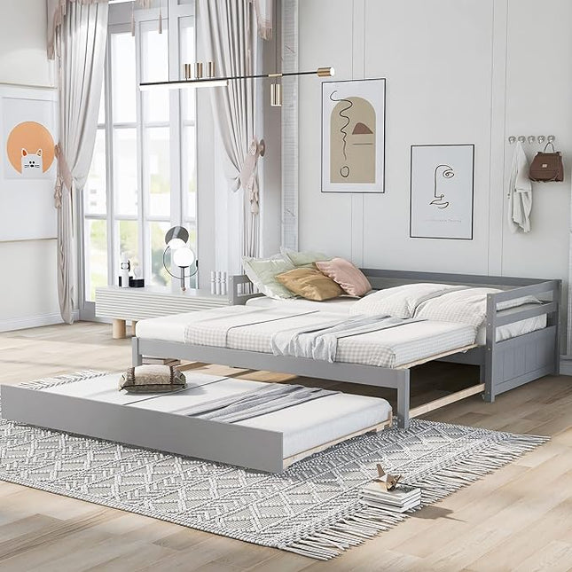 Twin or Double-Twin Daybed with Trundle,Wooden Extendable Daybed-Frame,Solid Wood Sofa Bed Designed for Bedroom/Living Room/Apartment,Hotel,Gray - LeafyLoom