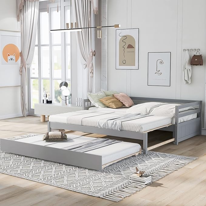 Wooden Extendable Daybed, Twin to King Daybed Frame with Trundle, Extending Sofa Bed for Living Room Bedroom Guest Room, Gray - LeafyLoom