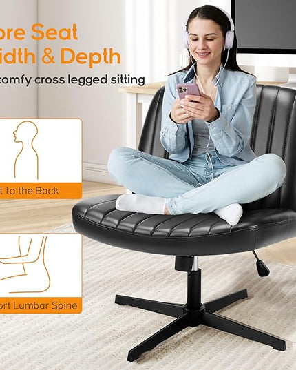 Criss Cross Chair, Cross Legged Office Chair, Wide Comfty Desk Chair, No Wheels Armless Computer Task Chair, Swivel Vanity Home Chair, Height Adjustable - LeafyLoom