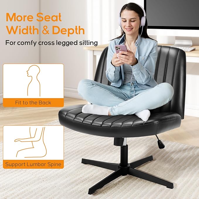 Criss Cross Chair, Cross Legged Office Chair, Wide Comfty Desk Chair, No Wheels Armless Computer Task Chair, Swivel Vanity Home Chair, Height Adjustable - LeafyLoom