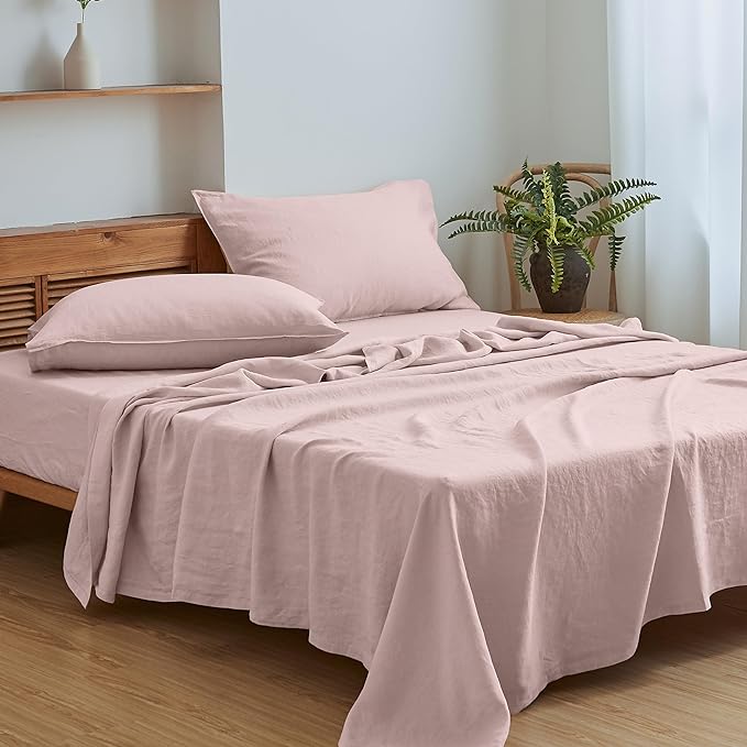 Simple&Opulence 100% Linen Sheet Set Solid Color-4 Pcs Washed French Linen Bed Sheets(1 Flat Sheet,1 Fitted Sheet,2 Pillowcases)-Breathable Bedding Set (King, Blush Pink) - LeafyLoom