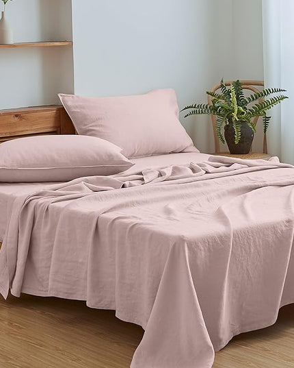 Simple&Opulence 100% Linen Sheet Set Solid Color-4 Pcs Washed French Linen Bed Sheets(1 Flat Sheet,1 Fitted Sheet,2 Pillowcases)-Breathable Bedding Set (Queen, Blush Pink) - LeafyLoom