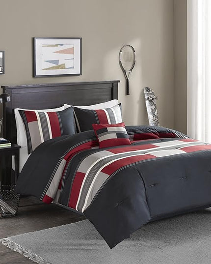 Comfort Spaces Casual Comforter Set Sporty Design, Vibrant Color, Active Lifestyle Boys Bedroom Décor, All Season Soft Microfiber Bedding Set, Decorative Pillow, Sham Black/Red Twin/Twin XL 3 Piece - LeafyLoom