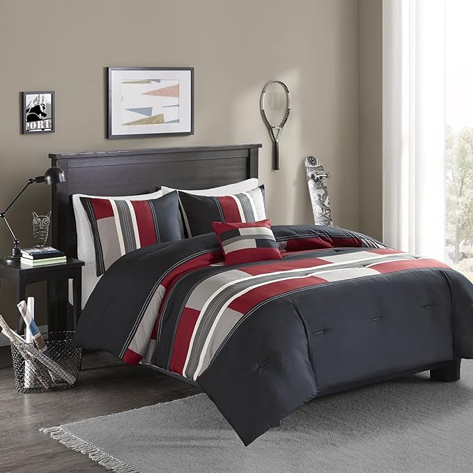 Comfort Spaces Casual Comforter Set Sporty Design, Vibrant Color, Active Lifestyle Boys Bedroom Décor, All Season Soft Microfiber Bedding Set, Decorative Pillow, Sham Black/Red Twin/Twin XL 3 Piece - LeafyLoom