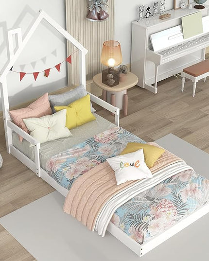 Bellemave Twin Size House-Shaped Headboard Floor Bed for Kids,Montessori Floor Bed with Handrails and Slats,Wood House Bed Twin for Girls,Boys(Twin,White) - LeafyLoom