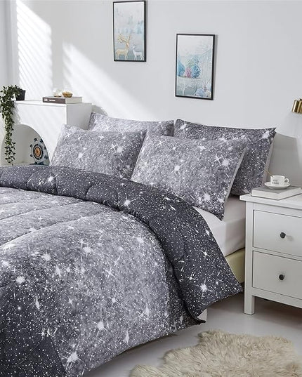Grey Glitter Comforter Set Twin Size for Boys Teen, Sparkle Galaxy Twinkle Starlight Comforter for Kids Adult, 2 Piece Black Grey Ombre Bedding Set with 1 Pillow Case(Grey,Twin) - LeafyLoom