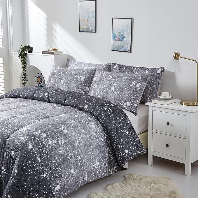 Grey Glitter Comforter Set Full/Queen Size for Boys Teen, Sparkle Galaxy Twinkle Starlight Comforter for Kids Adult, 3 Piece Black Grey Ombre Bedding Set with 2 Pillow Cases(Grey,Queen) - LeafyLoom