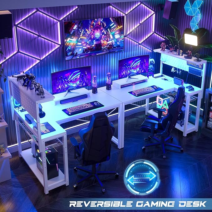 Homieasy Small Gaming Desk with Power Outlets Pegboard LED Light, 43 Inch L Shaped Computer Desk with Monitor Stand Storage Shelves, Reversible Corner Desk with Headset Hooks, White - LeafyLoom